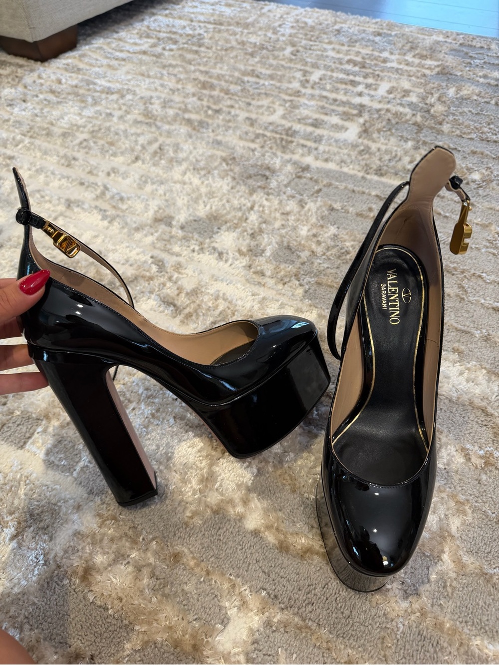 Valentino Garavani Black Patent Platform Slingback Pumps with Gold Buckle
